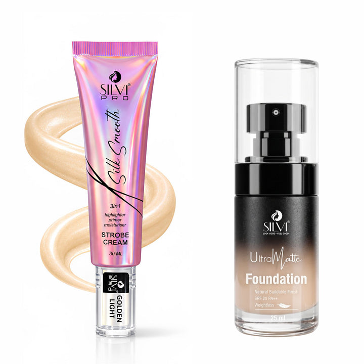 Strobe Cream & Ultra Matte Foundation Combo - Golden Light & Natural Beige